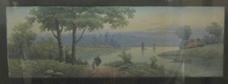 A 19th Century Oriental watercolour "Encampment by a Stream, Mountains in the Distance" 13" x 40"