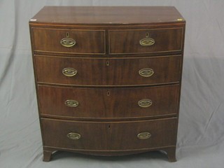 A Georgian mahogany bow front chest of 2 short and 3 long drawers on splayed bracket feet 36"