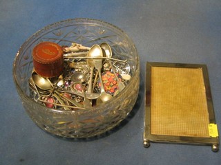 A moulded glass bowl, a silver plated easel photograph frame, a collection of costume jewellery and sundry flatware