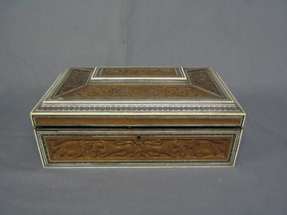 A Burmese carved hardwood and inlaid ivory trinket box with hinged 12"