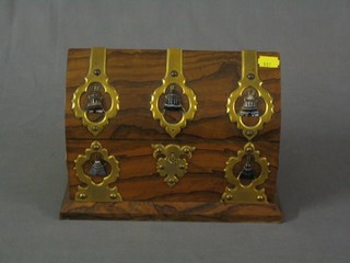 A 19th Century Coromandel sarcophagus shaped stationery box with gilt metal mounts and 5 hardstone scarabs to the side and with brass handles 10"