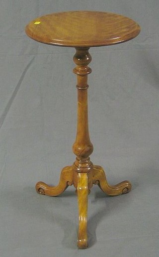 A Victorian circular bleached walnut wine table on pillar and tripod supports 14"