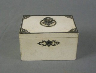 A 19th Century white lacquered twin compartment tea caddy with "silver" mounts and hinged lid 6"