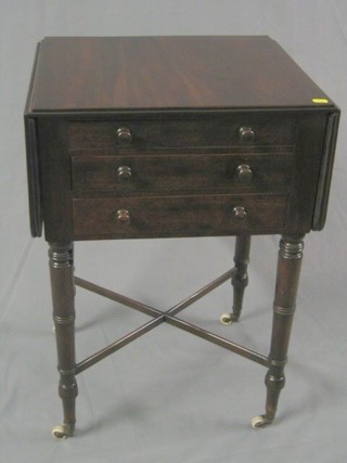 A Victorian mahogany Doctor's table fitted 3 long drawers with X framed stretcher and on ring turned supports 20"