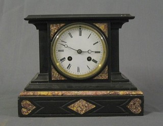 A 19th Century French 8 day striking mantel clock with enamelled dial Roman numerals contained in a black and pink veined marble architectural case