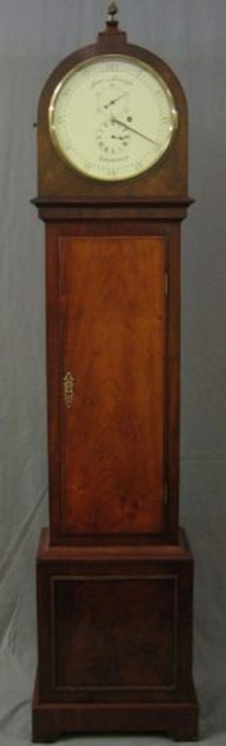 A handsome 19th Century Scots longcase dead beat regulator, the circular 12" painted dial with hour hand, minute and second indicator, contained in an arch shaped mahogany case 77"