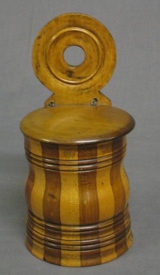 A circular parquetry salt box with hinged lid 11"