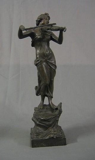 A 19th Century spelter figure of a lady playing a violin 19" raised on a square base