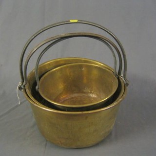 4 brass preserving pans with iron handles