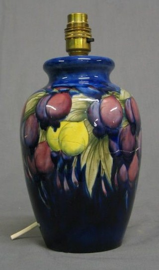 A Moorcroft plumb? pattern vase converted to a table lamp, the base with signature mark and impressed Moorcroft M94 Made in England 8" (very f and r)