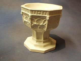 A Minton 19th Century white glazed porcelain portable font/holy water receptical of Gothic design, the base impressed Minton LB 6 1/2"