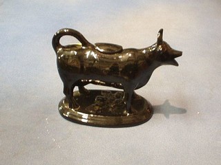 A 19th Century black glazed Staffordshire cow creamer on an oval base 6"