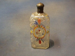 An 18th Century  Dutch bottle with enamelled bird and flower decoration with pewter mount 6 1/2"