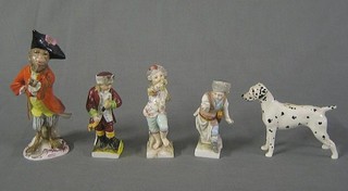 A 19th Century Meissen style porcelain figure of a musician 6" (f and r), 3 various 19th Century porcelain figures (all f and r) 4", a Beswick figure of a grey hound (tail f)
