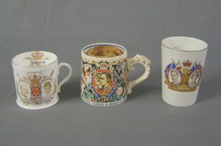 A George VI Coronation mug designed  by Dame Laura Knight, with certificate, a George V Coronation mug and a George VI Coronation beaker 