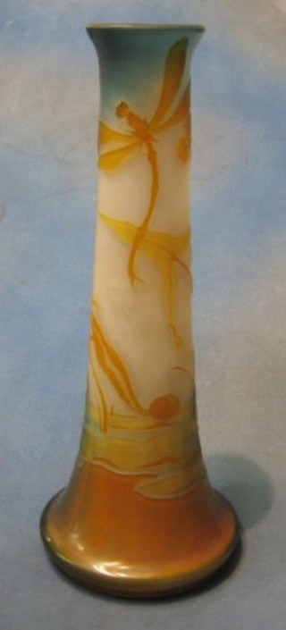 E Galle, an impressive amber overlay glass vase of cylindrical tapering form, with one dragonfly and floral decoration 18"