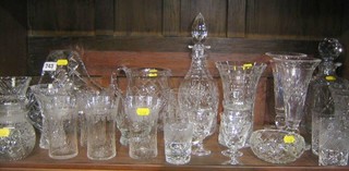 A cut glass basket, a cut glass jug, a cut glass spirit decanter various cut glass wine glasses and other decorative ceramics