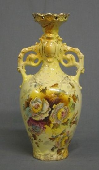 A Victorian pottery yellow glazed twin handled vase with floral decoration, circular tureen and cover decorated Royal Coat of Arms - International Exhibition 1862, moulded glass decanter,  club shaped decanter, Derby style tea ware, silver plated goblet, wooden box and a collection of brass trays