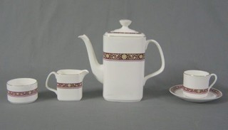 A 14 piece Royal Doulton Minuet coffee service with coffee pot( cracked), cream jug, sugar bowl, 5 coffee cans and 6 saucers