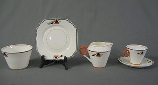 A 38 piece Art Deco Glasdon china tea service with silver banding compmrising 2 twin handled bread plates, cream jug, sugar bowl (cracked), 12 plates (1 cracked) 12 tea saucers (1 cracked), 10 tea cups (2 cracked)