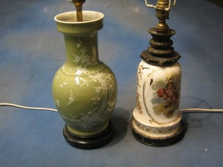 An Oriental Celadon style vase 13", and a 19th Century porcelain oil lamp (f) with gilt metal mounts 11", both converted to lamps