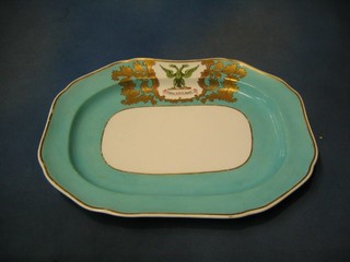 A handsome 19th Century Copeland & Garrett late Spode Felspar porcelain service of lozenge shaped meat plates comprising 19" draining plate, 19" oval meat plate, 2 18" oval meat plates and 1 16" oval meat plate, with turquoise and gilt banding and armorial decoration with the motto "Loyal Au Mort"