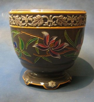 A 19th Century Minton style Majolica jardiniere with grey body and floral decoration (cracked and chip to rim)
