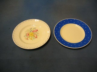 A Susie Cooper black and white decorated Keystone pattern sugar bowl, a Susie Copper Ferndown underglaze patterned plate, a Susie Cooper Hazelwood plate and 3 other Susie Cooper plates