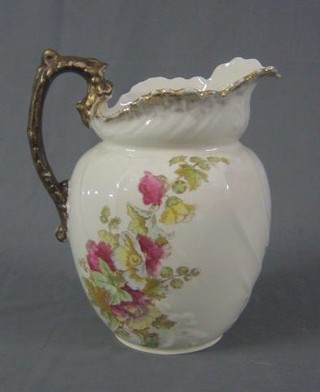 A floral patterned pottery ewer 11", a Sylvac pottery jug decorated celery the base impressed 5033 Sylvac 7", a pair of cut glass stub shaped candlestics, a pair of circular cut glass salts, a trencher salt, 3 Carltonware daisy pattern dishes