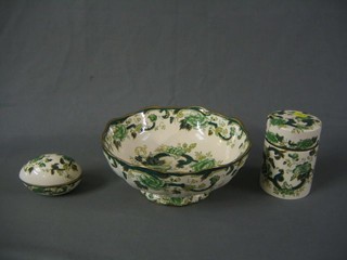 A modern Masons ironstone Chartreuse pattern bowl 10", and do. oval jar and cover 4" and cylindrical storage jar 5" 