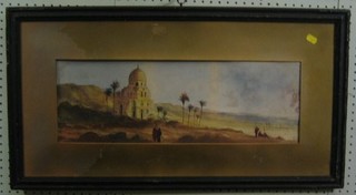 19th Century watercolour "Figures by a Mosque" indistinctly signed 7 1/2" x 21"