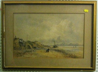 E Beattie, watercolour "Estuary at Low Tide" with fishing boat and figures, signed and dated 1878 11" x 17"