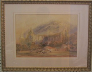 An 18th/19th Century watercolour "Ruined Abbey with Cottage and Figures" 11" x 16"