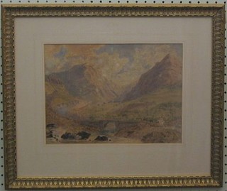 An 18th/19th Century watercolour "Mountain Landscape with Bridge and Figure Driving Cattle" 8" x 11"