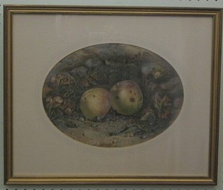 J Schofield, watercolour, still life study "Two Apples" monogrammed, signed and dated 1893, 9" oval