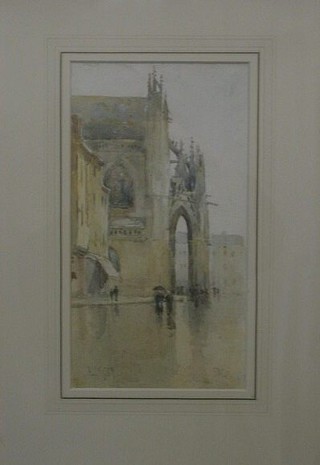 Watercolour, "Alencon Cathedral" monogrammed FAC  11" x 6"