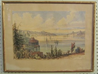 Amadeo Preziosi, watercolour "View of the Bosphorus Constantinople, with Sailing Boats"  signed, dated 1868, inscribed in the margin  and contained in orginal frame 10" x 14"