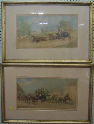 Strges, pair of coloured hunting prints "The London to Brighton Mail Coach, Farriers Oak Inn W Standing" 8" x 15"