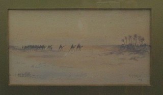 M D Blair, watercolour "Desert Scene with Oasis and Camel Train" 6" x 10" signed and dated 1910