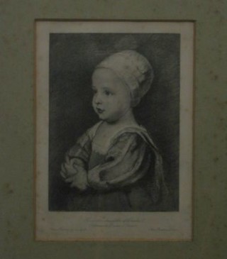 After Van Dyke, coloured print "Henrietta, Daughter of Charles I" 7" x 5" in an oak frame