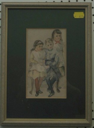 19th Century watercolour "Three Young Girls" 6" x 3 1/2"