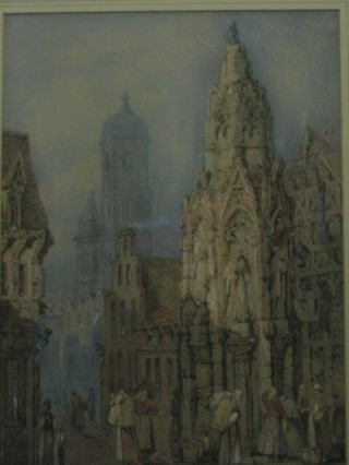 A 19th Century Continental watercolour "Market Scene with Cathedral in Distance and Numerous Figures" 17" x 12"