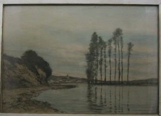 Continental coloured print "River with Trees and Buildings in the Distance" 16" x 23"