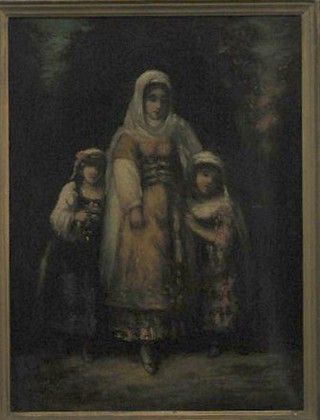 Spanish oil painting on canvas "A Diaz Lapenna" - Standing Lady with Two Children 12" x 9"
