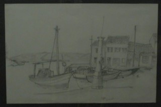 Loggos, pencil drawing "Quay with Fishing Boats and Building" 8" x 11"
