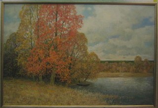 Fedir Klymenko, Russian School, oil on canvas "Autumnal Lake Scene with Figures and Boat" 24" x 36" signed and dated