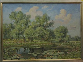 Volodymyr Zhugan, Russian School, oil on canvas, impressionist scene "Lake with Lily Pads" 20" x 27"