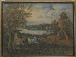 Volodymyr Erlich, Russian School, oil on canvas "Figures Reclining by a Lake at Dusk" 16" x 22"