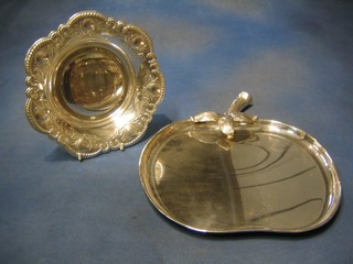 2 circular embossed silver plated dishes and an apple shaped tray