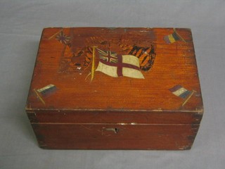 A WWI wooden stationery box with hinged lid, the top decorated the white ensign and the Allies flags, 12"